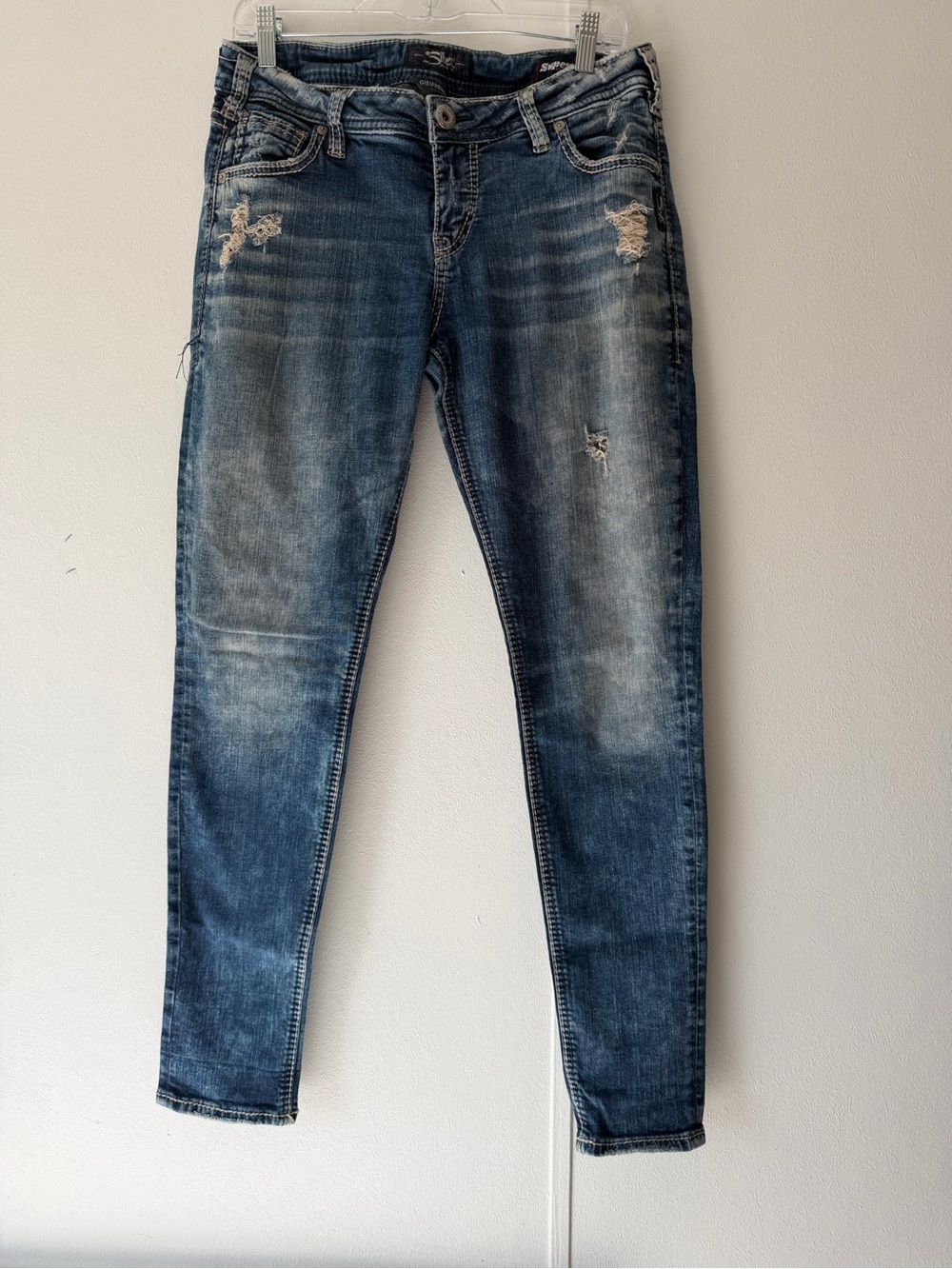 Silver Jeans Co Girlfriend Skinny Jeans Denim Distressed Mid Rise Slim Fit 30